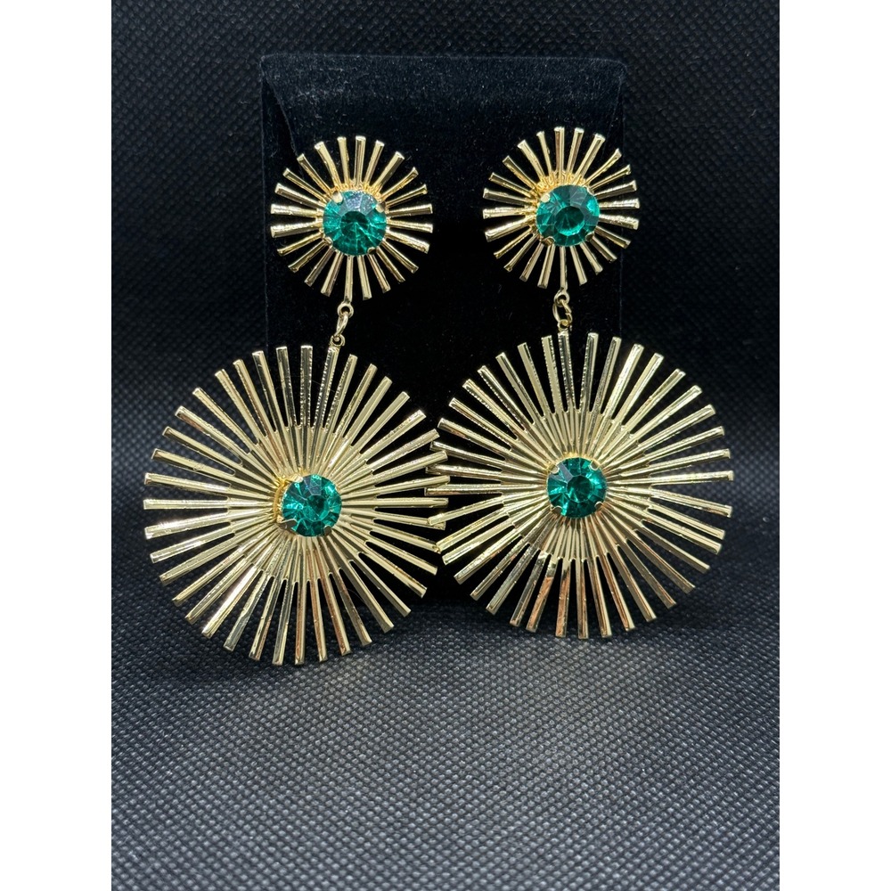 Gold Sunburst Dangle Earrings Emerald Green Rhinestone Statement Starburst Drop